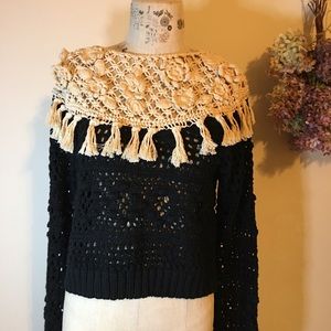 ZARA KNIT CROCHET Black/Ecru Sweater